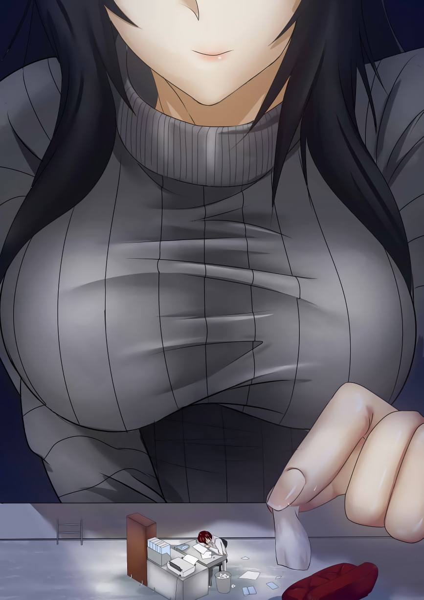 A salaryman is slouched over his office desk, sleeping.  The walls surrounding him vanish above a certain point, revealing a colossal woman with large breasts in a gray sweater and black hair.  Her eyes aren't visible, cut off by the top of the image.  She smiles gently as she moves a blanket over to keep him warm overnight, as if interacting with a dollhouse.